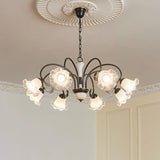 Vintage Black Candelabrum Chandelier with Floral Glass Shades and Brass Accents