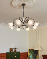 Vintage Black Candelabrum Chandelier with Floral Glass Shades and Brass Accents