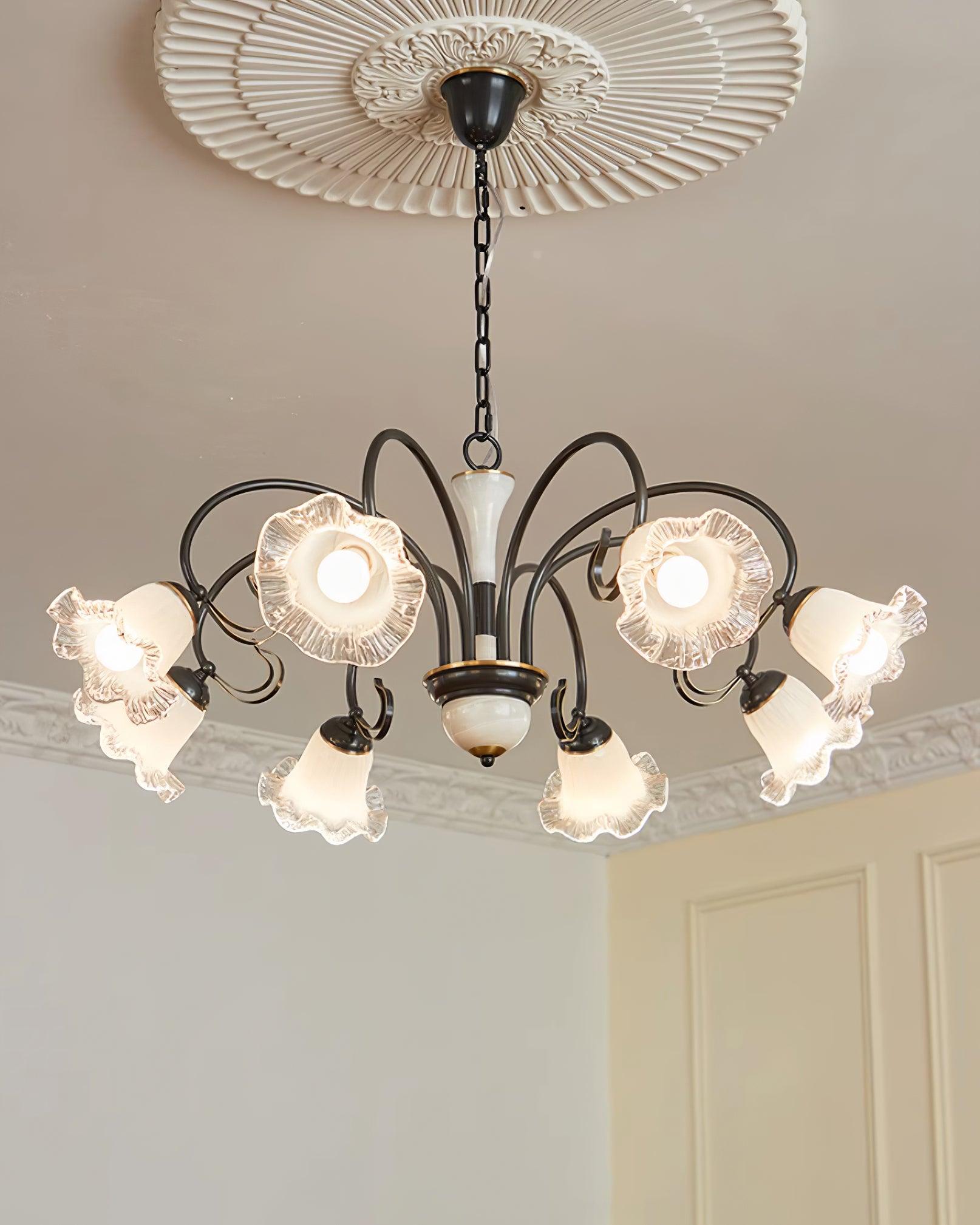 Vintage Black Candelabrum Chandelier with Floral Glass Shades and Brass Accents