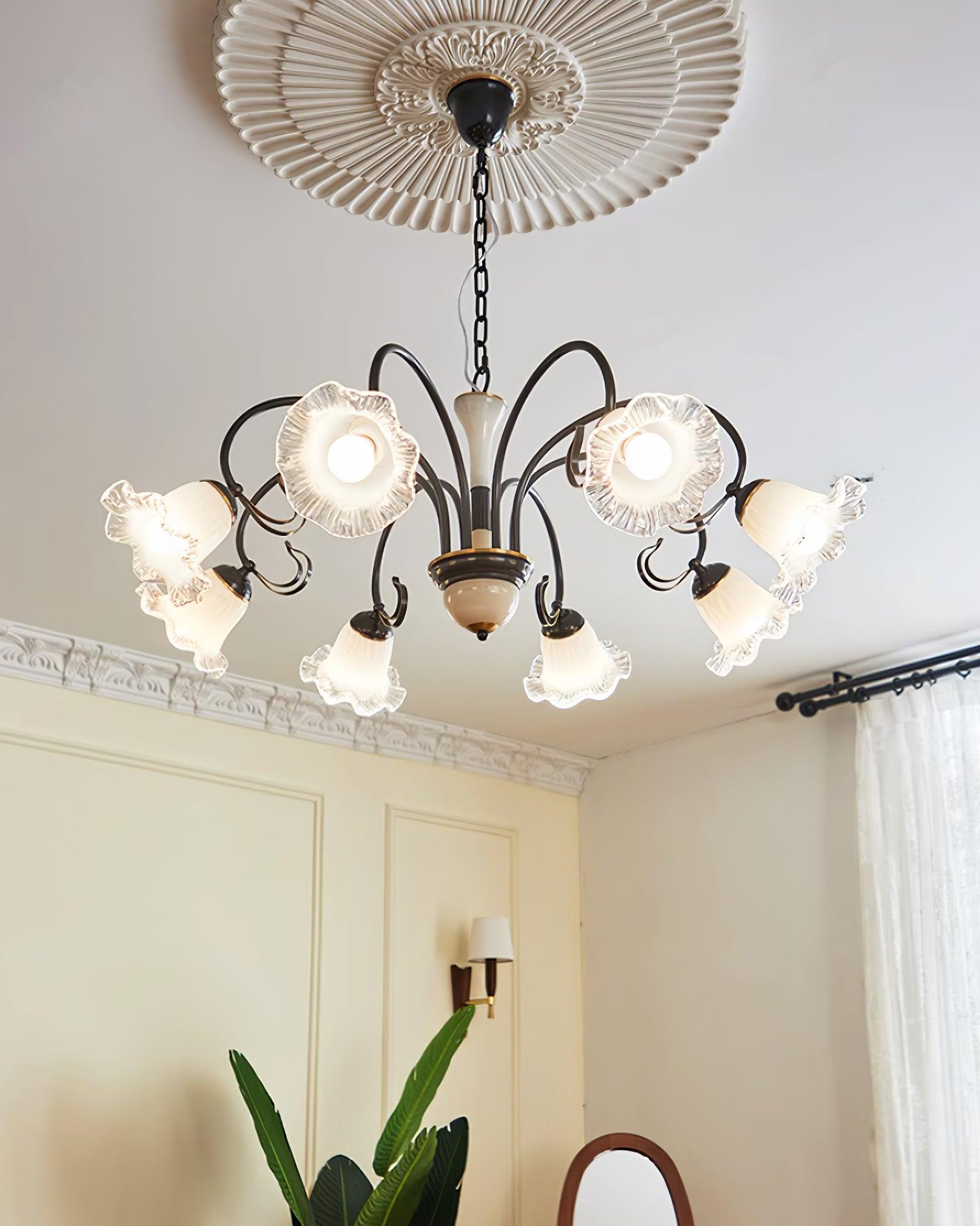 Vintage Black Candelabrum Chandelier with Floral Glass Shades and Brass Accents