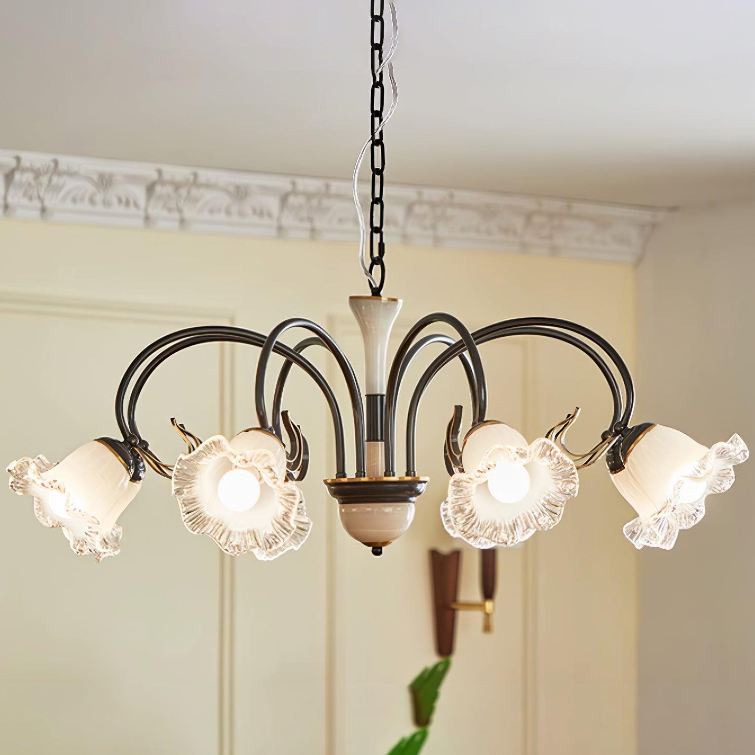 Vintage Black Candelabrum Chandelier with Floral Glass Shades and Brass Accents