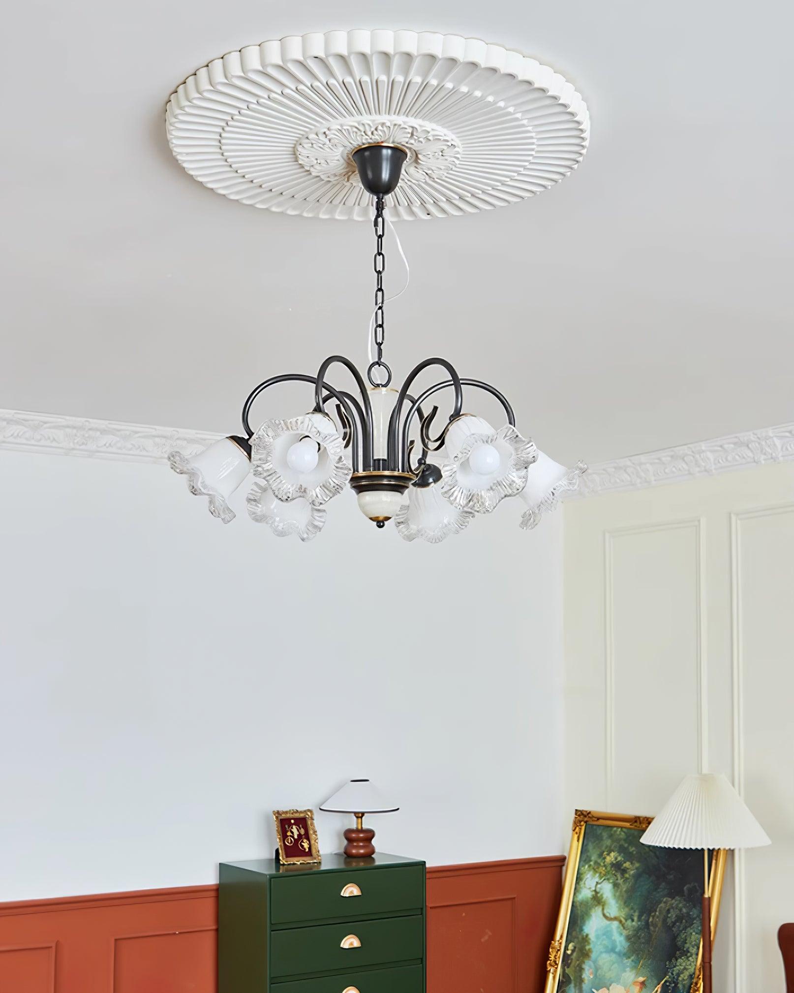 Vintage Black Candelabrum Chandelier with Floral Glass Shades and Brass Accents