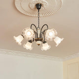 Vintage Black Candelabrum Chandelier with Floral Glass Shades and Brass Accents
