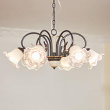 Vintage Black Candelabrum Chandelier with Floral Glass Shades and Brass Accents