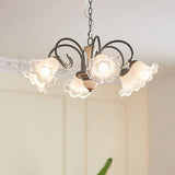 Vintage Black Candelabrum Chandelier with Floral Glass Shades and Brass Accents