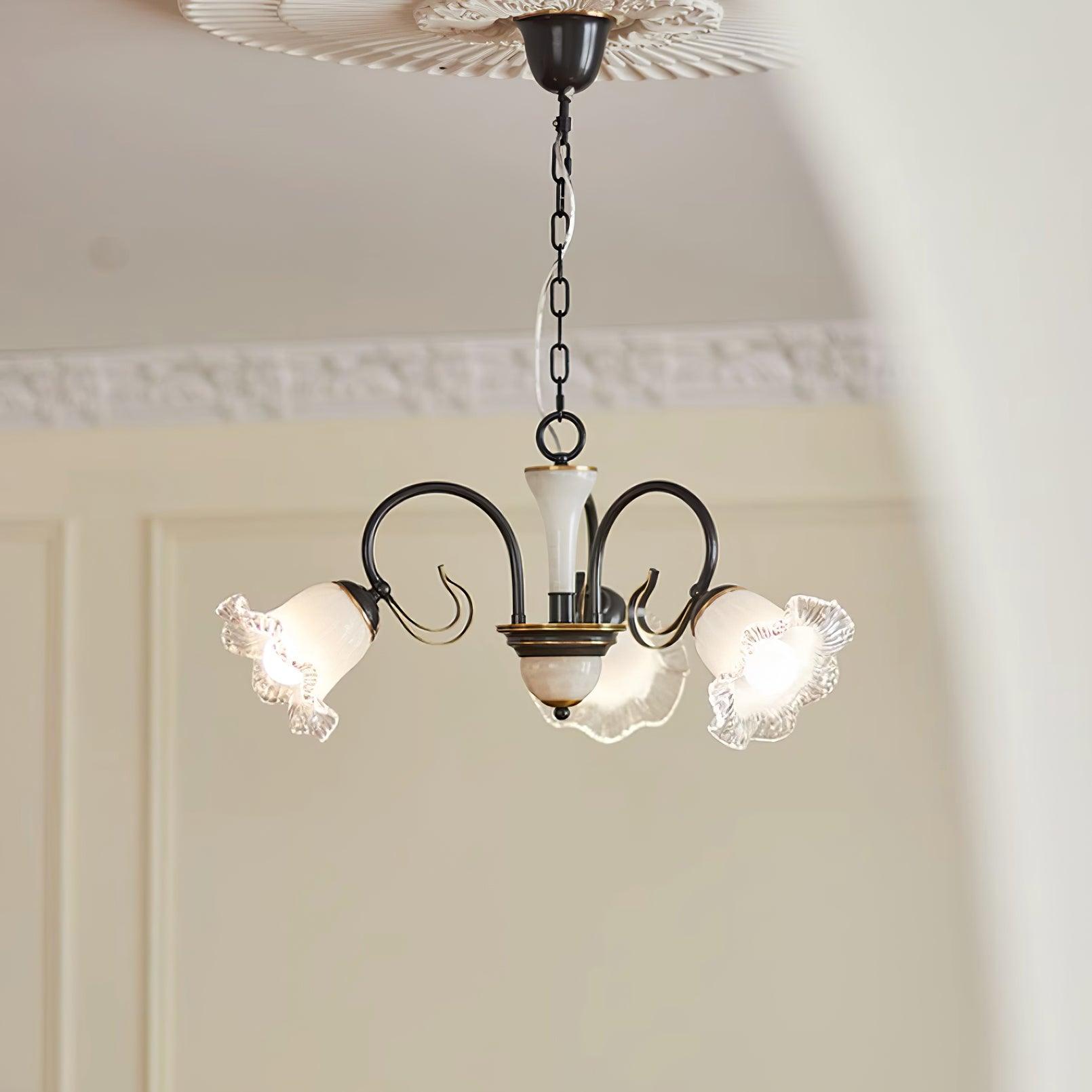 Vintage Black Candelabrum Chandelier with Floral Glass Shades and Brass Accents