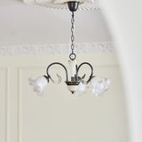 Vintage Black Candelabrum Chandelier with Floral Glass Shades and Brass Accents