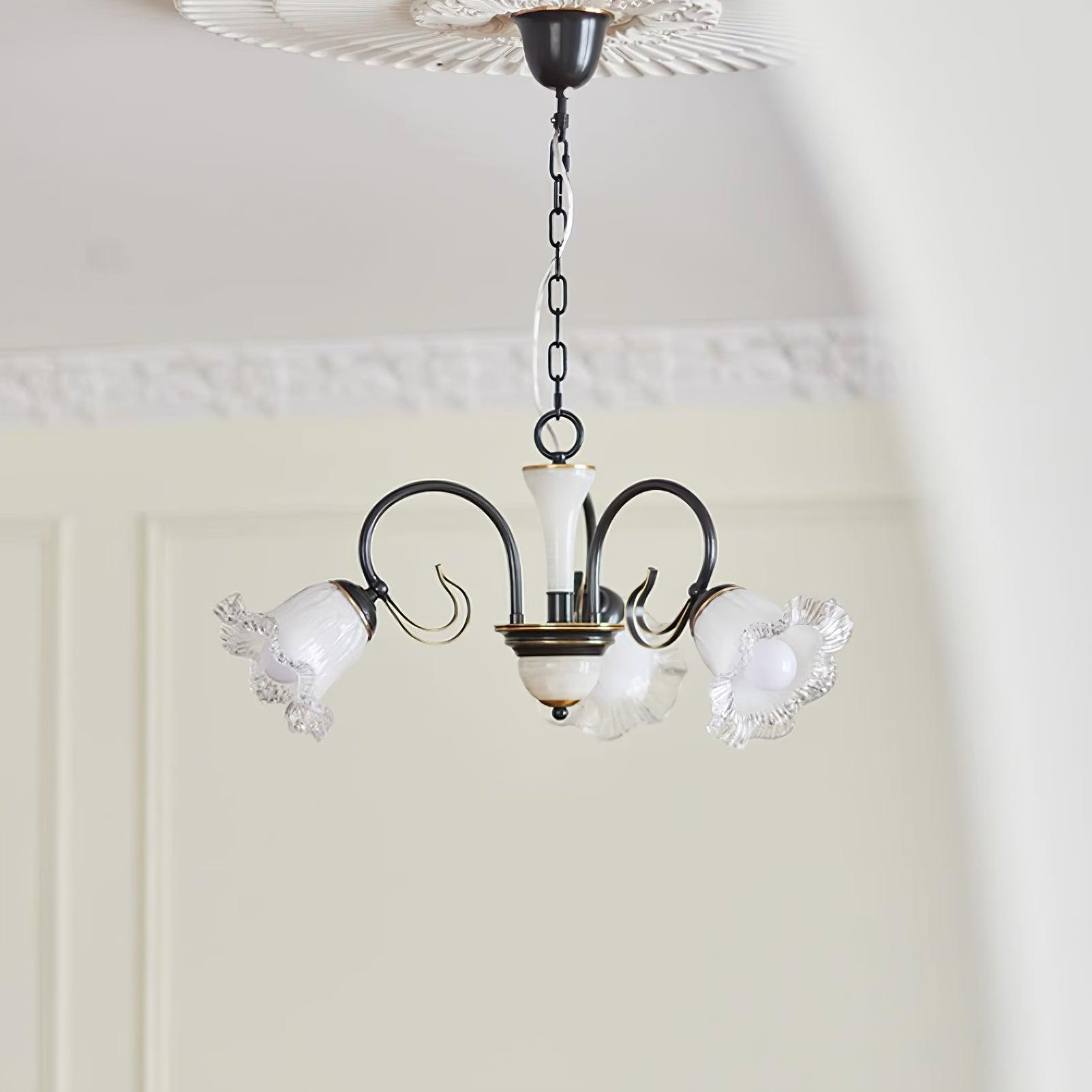 Vintage Black Candelabrum Chandelier with Floral Glass Shades and Brass Accents