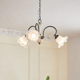 Vintage Black Candelabrum Chandelier with Floral Glass Shades and Brass Accents
