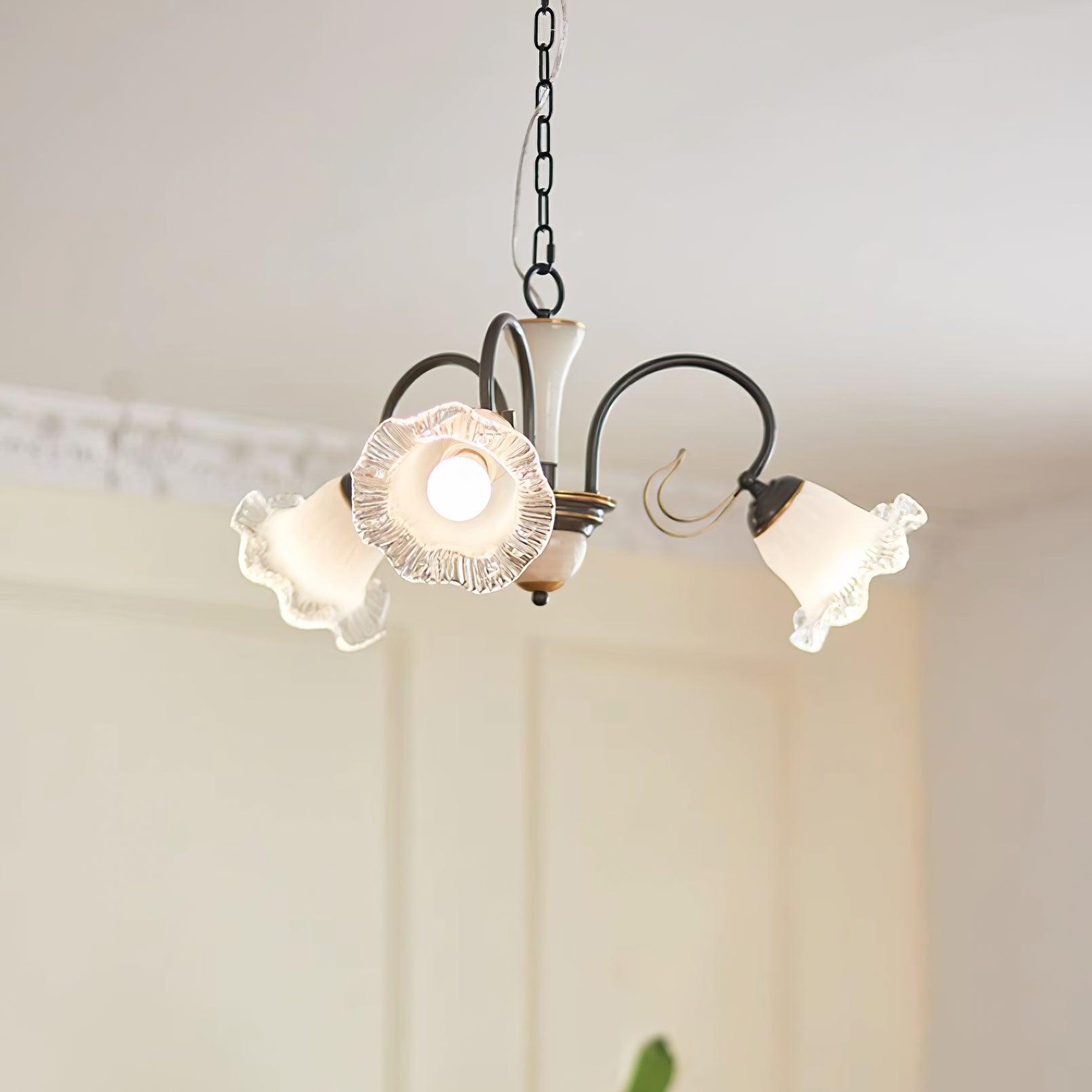 Vintage Black Candelabrum Chandelier with Floral Glass Shades and Brass Accents