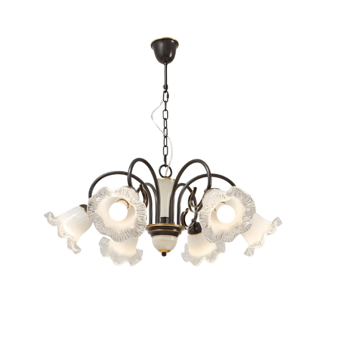Vintage Black Candelabrum Chandelier with Floral Glass Shades and Brass Accents
