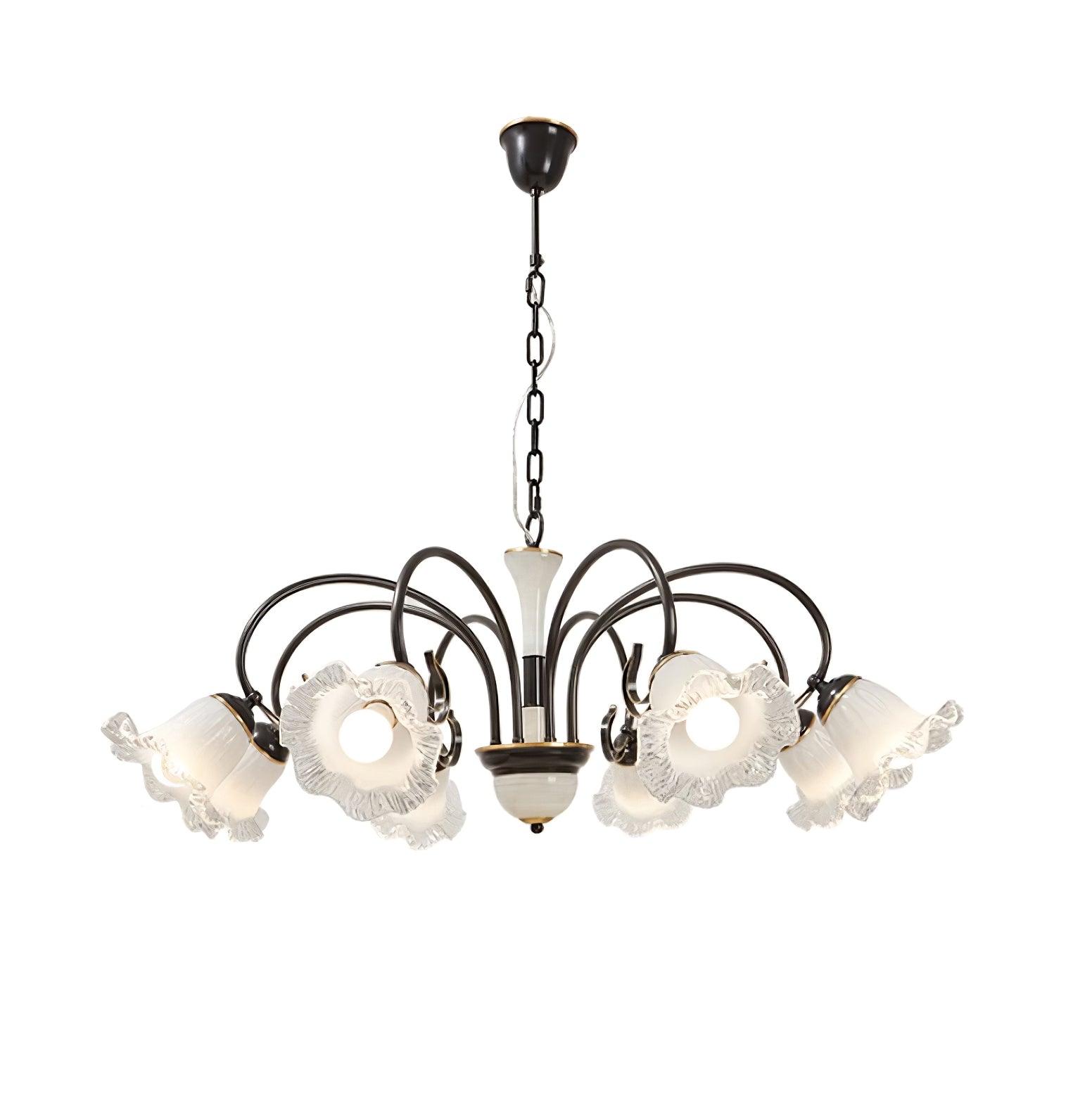 Vintage Black Candelabrum Chandelier with Floral Glass Shades and Brass Accents
