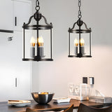 Vintage Black Lantern Pendant Light with Cylinder Glass Shade and Brass Details 3 or 4 Light
