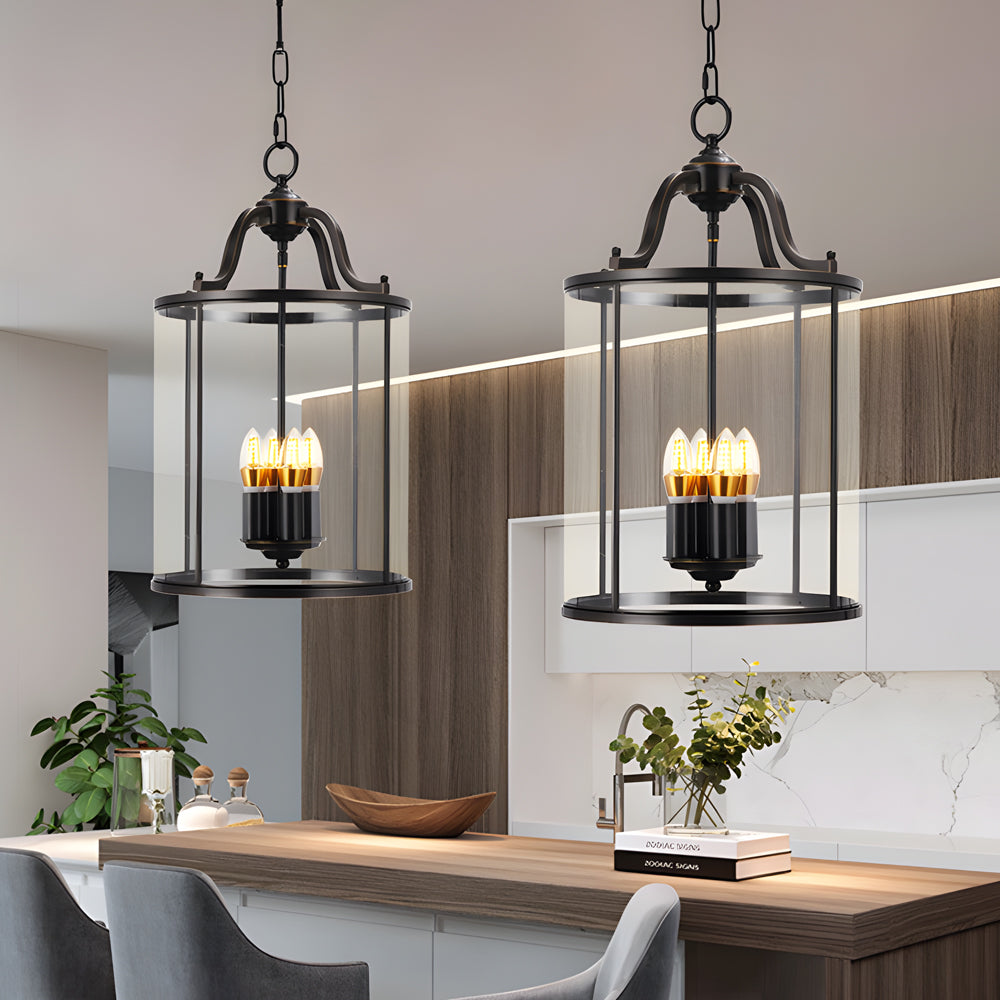 Vintage Black Lantern Pendant Light with Cylinder Glass Shade and Brass Details 3 or 4 Light