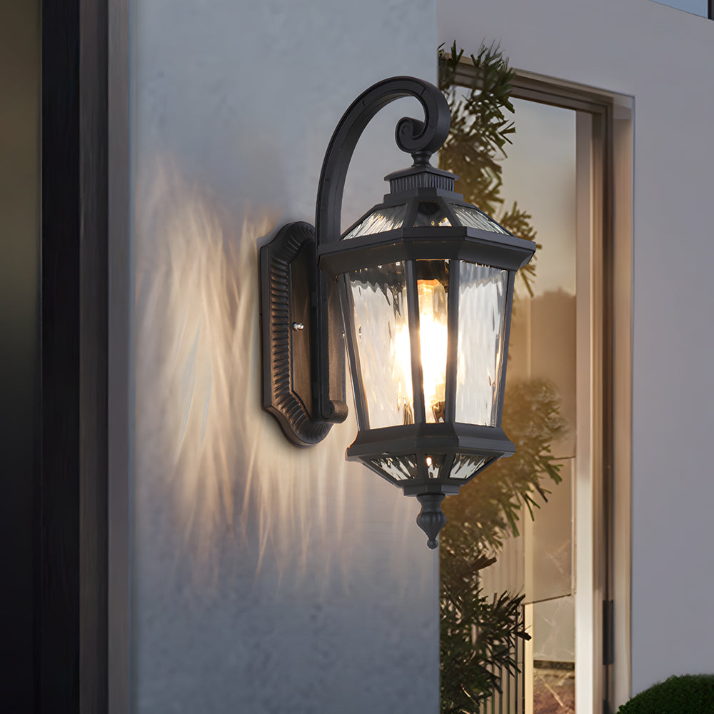 Vintage Black Outdoor Wall Lantern with Clear Water Glass Shade and Durable Die Cast Aluminum Housing