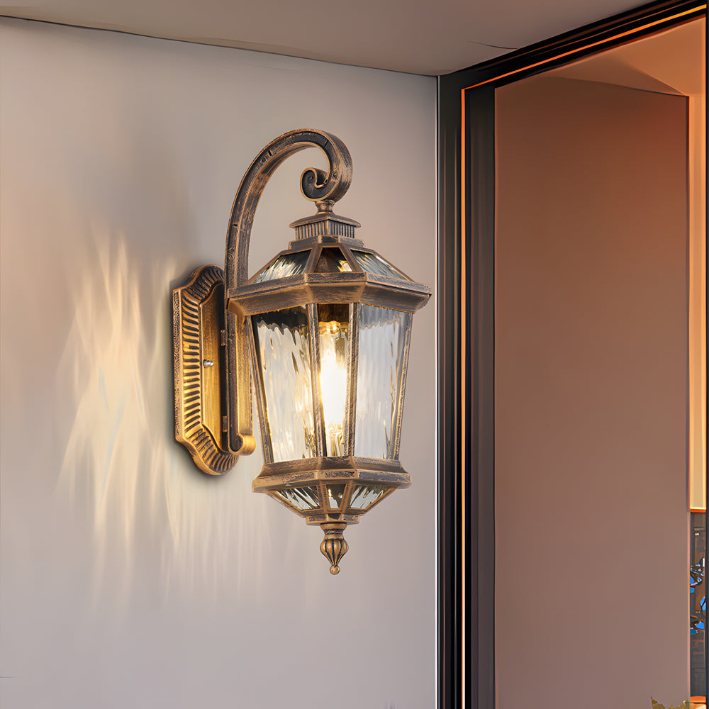 Vintage Black Outdoor Wall Lantern with Clear Water Glass Shade and Durable Die Cast Aluminum Housing