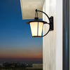 Vintage Black Outdoor Wall Sconce with White Opal Frosted Glass Cylinder Shade