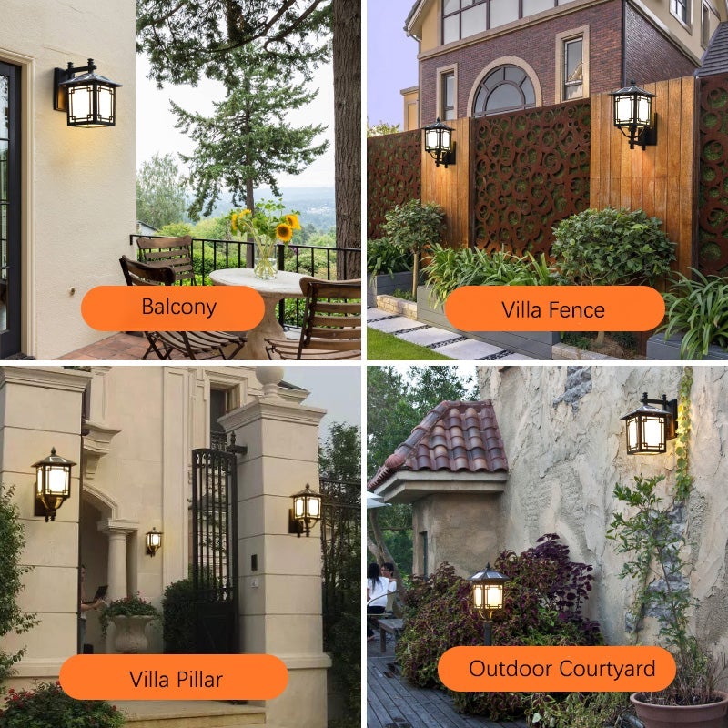 Vintage Black Solar Outdoor Wall Lantern Waterproof Aluminum Exterior Sconce Lighting