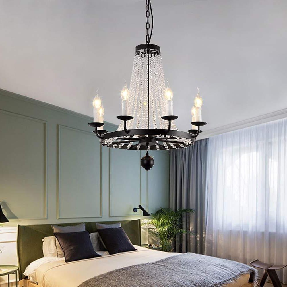 Vintage Black Wagon Wheel Candle Chandelier with Cascading Clear Crystals and Adjustable Chain