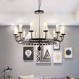 Vintage Black Wagon Wheel Candle Chandelier with Cascading Clear Crystals and Adjustable Chain