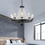 Vintage Black Wagon Wheel Candle Chandelier with Cascading Clear Crystals and Adjustable Chain
