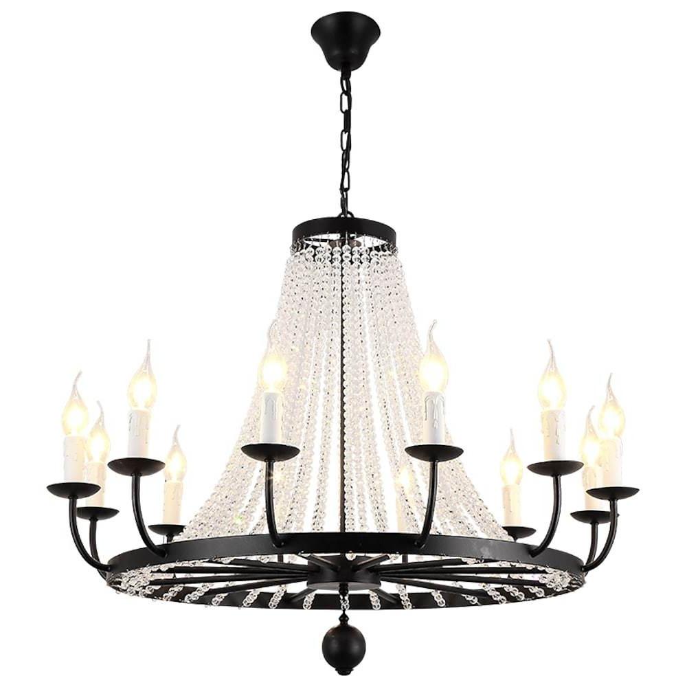 Vintage Black Wagon Wheel Candle Chandelier with Cascading Clear Crystals and Adjustable Chain