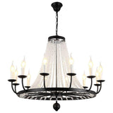 Vintage Black Wagon Wheel Candle Chandelier with Cascading Clear Crystals and Adjustable Chain