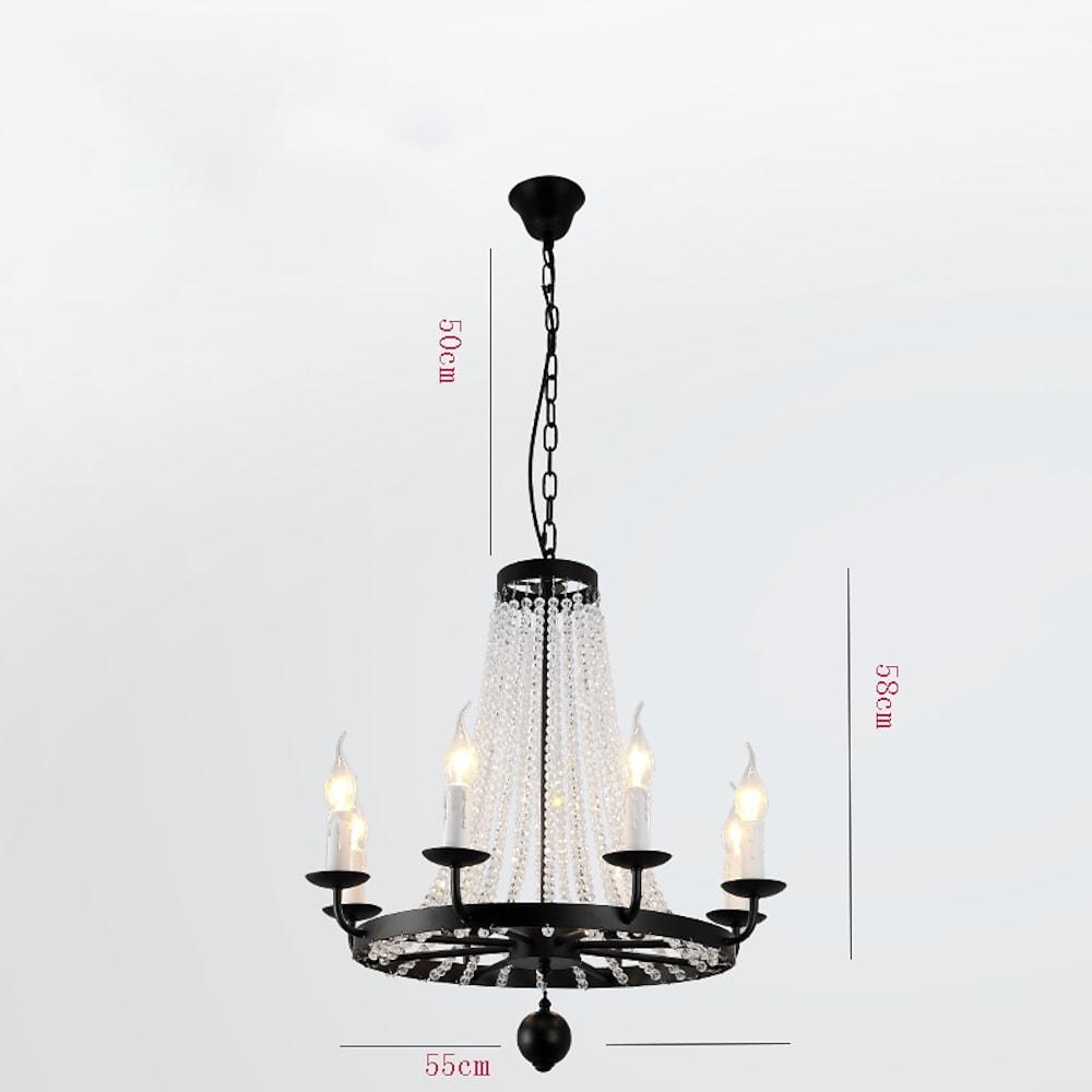 Vintage Black Wagon Wheel Candle Chandelier with Cascading Clear Crystals and Adjustable Chain