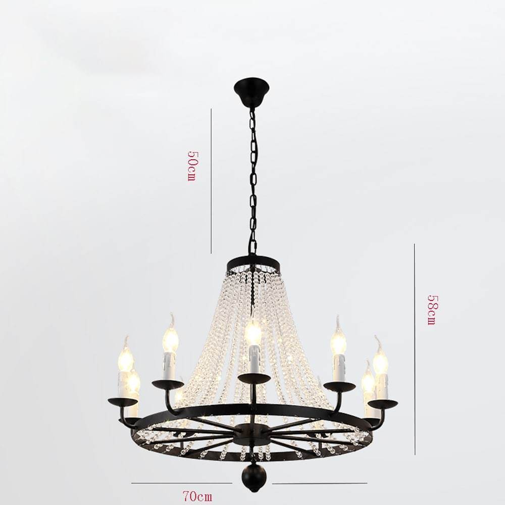 Vintage Black Wagon Wheel Candle Chandelier with Cascading Clear Crystals and Adjustable Chain