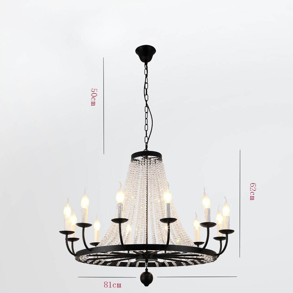 Vintage Black Wagon Wheel Candle Chandelier with Cascading Clear Crystals and Adjustable Chain