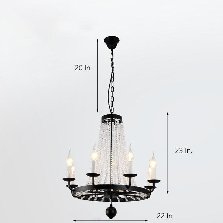 Vintage Black Wagon Wheel Candle Chandelier with Cascading Clear Crystals and Adjustable Chain