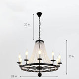 Vintage Black Wagon Wheel Candle Chandelier with Cascading Clear Crystals and Adjustable Chain