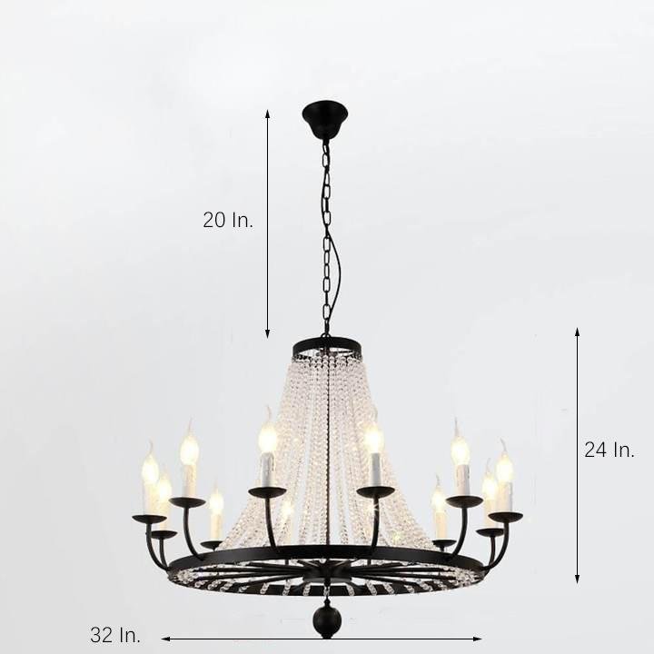 Vintage Black Wagon Wheel Candle Chandelier with Cascading Clear Crystals and Adjustable Chain
