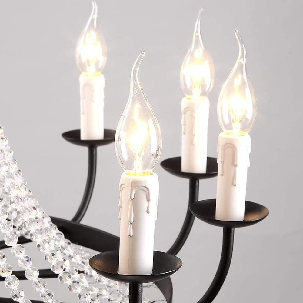 Vintage Black Wagon Wheel Candle Chandelier with Cascading Clear Crystals and Adjustable Chain