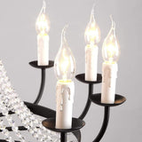 Vintage Black Wagon Wheel Candle Chandelier with Cascading Clear Crystals and Adjustable Chain