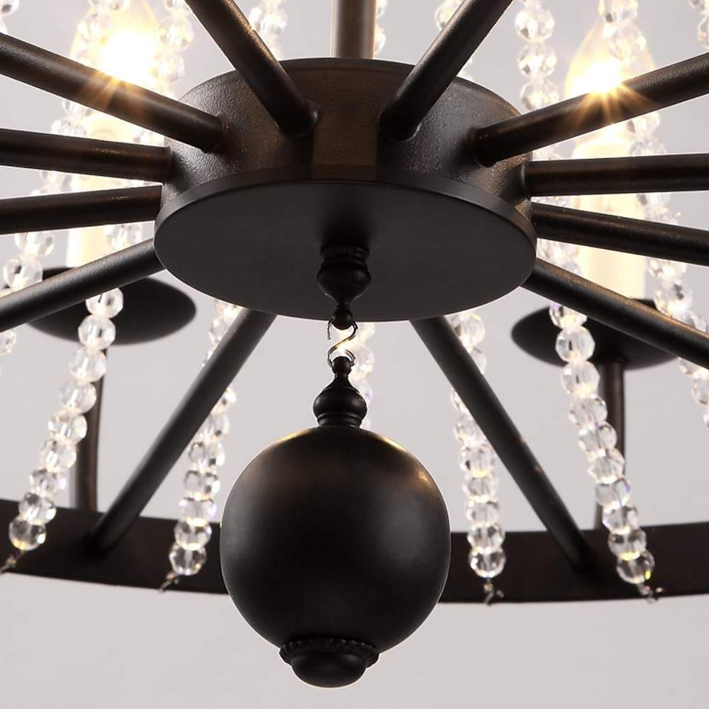 Vintage Black Wagon Wheel Candle Chandelier with Cascading Clear Crystals and Adjustable Chain
