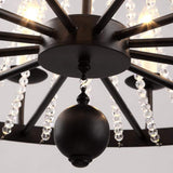 Vintage Black Wagon Wheel Candle Chandelier with Cascading Clear Crystals and Adjustable Chain
