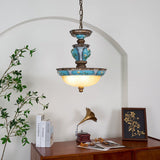 Vintage Blue Floral Resin Recessed Ceiling Light with White Glass Shade