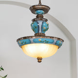Vintage Blue Floral Resin Recessed Ceiling Light with White Glass Shade