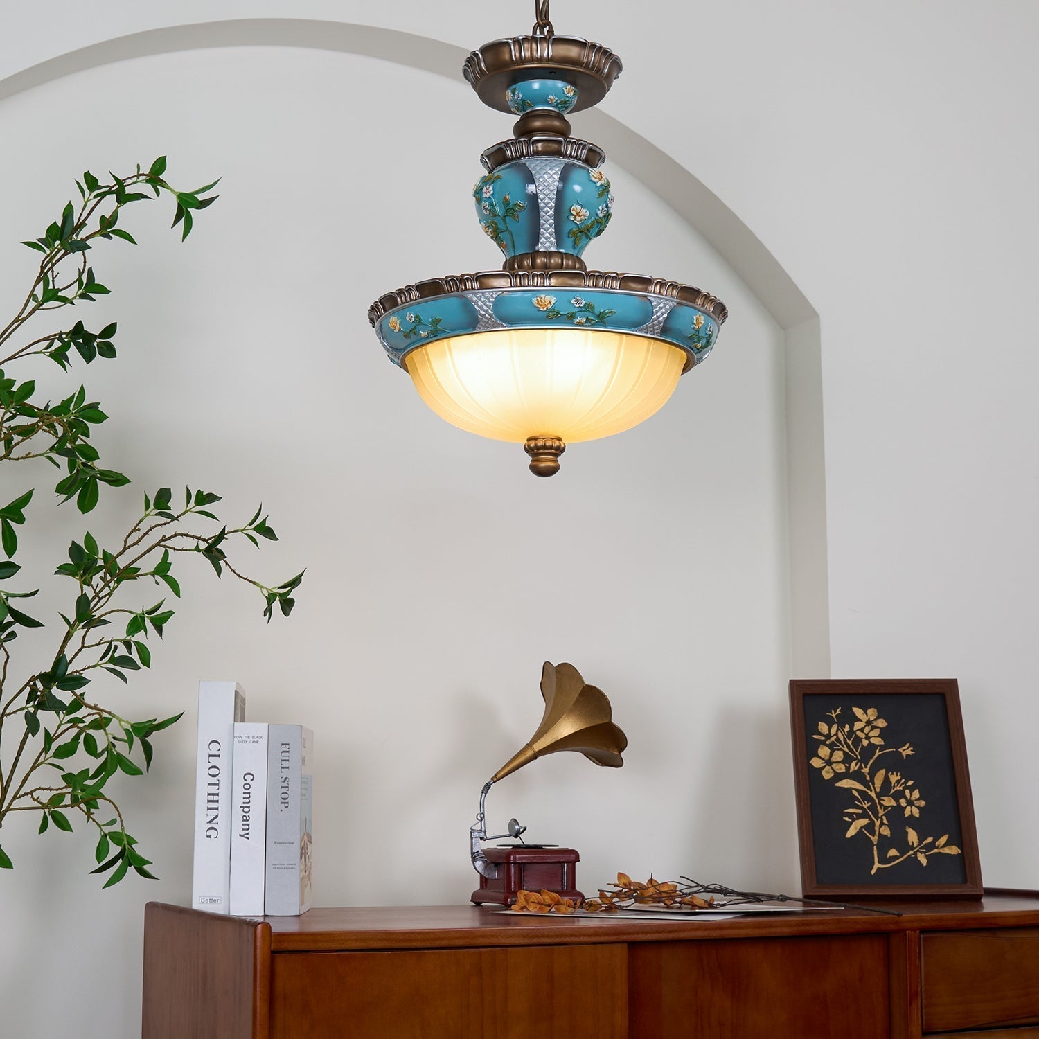 Vintage Blue Floral Resin Recessed Ceiling Light with White Glass Shade