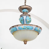 Vintage Blue Floral Resin Recessed Ceiling Light with White Glass Shade
