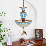 Vintage Blue Floral Resin Recessed Ceiling Light with White Glass Shade