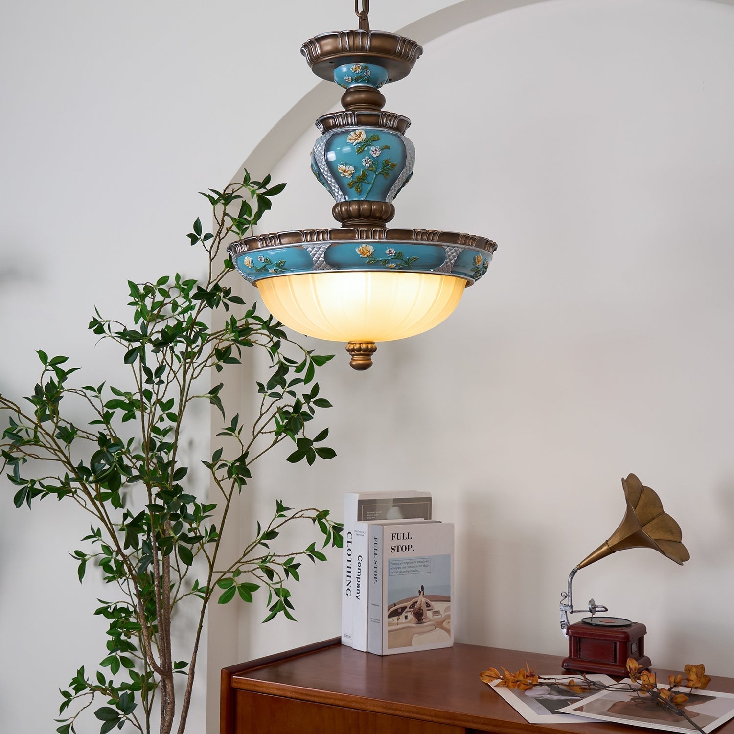 Vintage Blue Floral Resin Recessed Ceiling Light with White Glass Shade