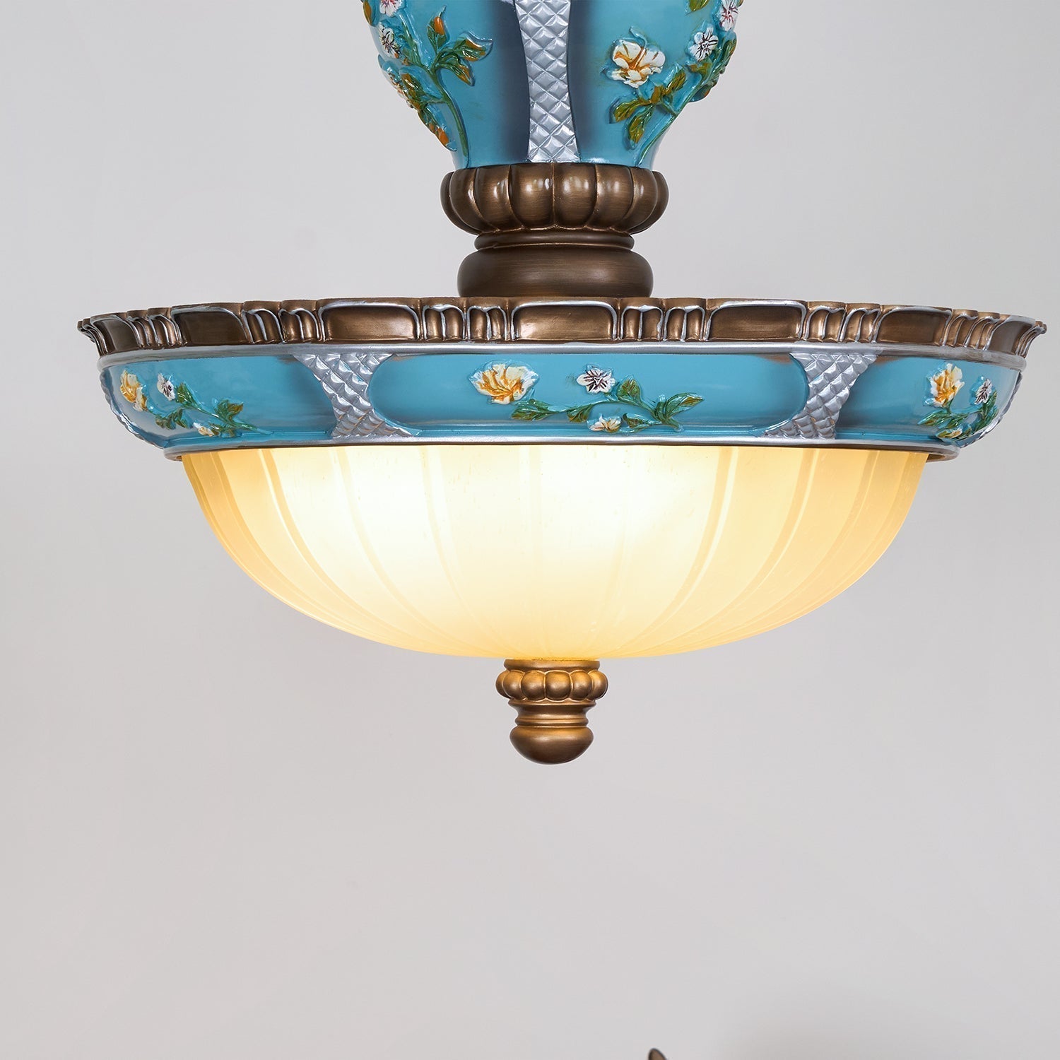 Vintage Blue Floral Resin Recessed Ceiling Light with White Glass Shade