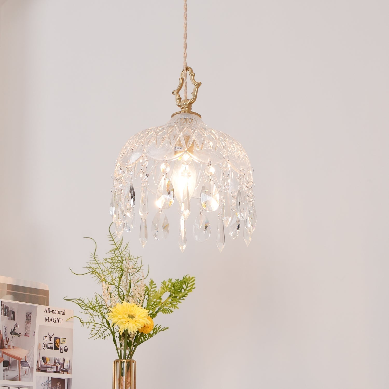 Vintage Brass and Clear Glass Bowl Pendant Light Elegant Ceiling Fixture for Dining Room