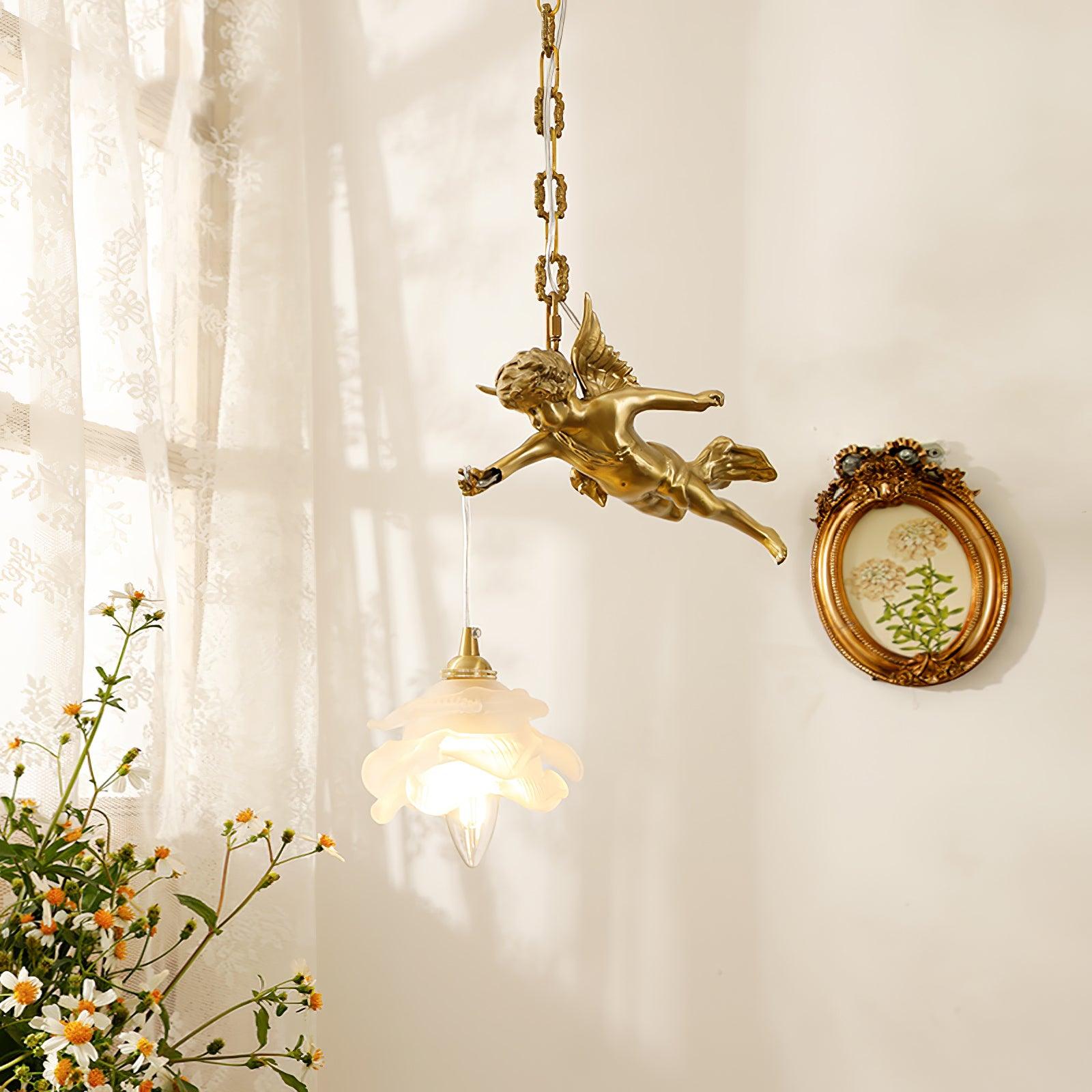 Vintage Brass Angel Figurine Pendant Light with Opaque Glass Shade