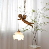 Vintage Brass Angel Figurine Pendant Light with Opaque Glass Shade