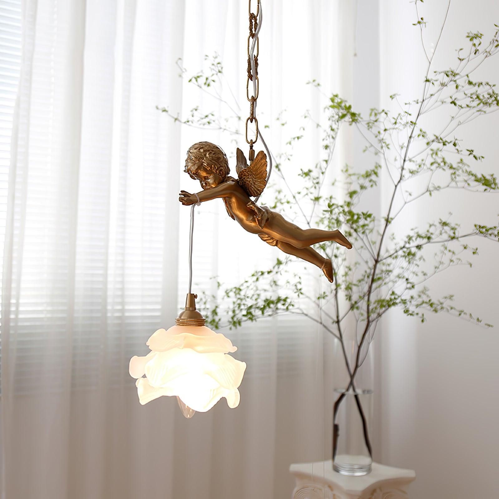 Vintage Brass Angel Figurine Pendant Light with Opaque Glass Shade