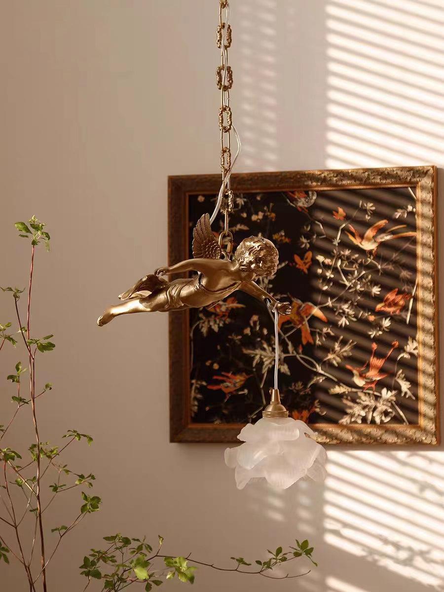Vintage Brass Angel Figurine Pendant Light with Opaque Glass Shade