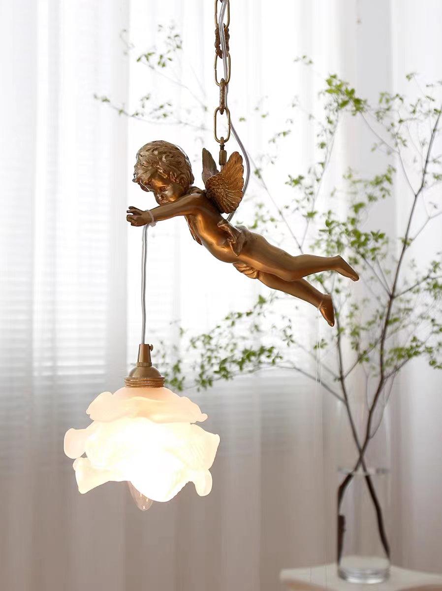 Vintage Brass Angel Figurine Pendant Light with Opaque Glass Shade